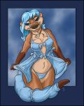  anthro bedroom_eyes blue_hair bouncy bouncyotter breasts brown_fur camel_toe cleavage clothed clothing dress female flinters fur hair half-closed_eyes jewelry mammal mustelid necklace nipple_bulge otter seductive solo whiskers 