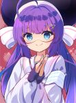  1girl ahoge animal_hat armband black_hat blue_eyes blunt_bangs closed_mouth eel_hat goggles gradient_hair hair_between_eyes hair_ornament hairclip halftone halftone_background hat hat_ribbon highres large_hat long_hair long_sleeves looking_at_viewer low_twintails mitsugushi_yuu multicolored_hair nail_polish otomachi_una otomachi_una_(voicepeak) palms_together puffy_long_sleeves puffy_sleeves purple_hair purple_nails purple_shirt red-framed_eyewear red_background ribbon sailor_collar sailor_jacket shirt shoulder_strap smile solo sparkle talkex twintails upper_body variant_set very_long_hair voicepeak white_armband white_ribbon white_sailor_collar 
