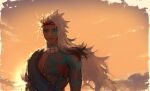  1boy asymmetrical_hair blonde_hair blue_tattoo chest_tattoo cloud dark-skinned_male dark_skin day facial_tattoo fate/grand_order fate_(series) headband highres jewelry long_hair looking_at_viewer magatama magatama_necklace male_focus multicolored_hair neck_tattoo necklace orange_sky outdoors red_headband savamisooon sky solo split-color_hair sunset tattoo umisachi-hiko_(fate) upper_body white_hair 