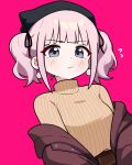  1girl blue_eyes brown_sweater closed_mouth earrings flying_sweatdrops girls_band_cry highres hina_(girls_band_cry) jacket jewelry jorang_(jorang08) long_sleeves looking_at_viewer open_clothes open_jacket pink_background pink_hair red_jacket ribbed_sweater short_hair short_twintails sidelocks simple_background solo sweater sweater_tucked_in turtleneck turtleneck_sweater twintails 