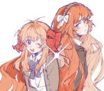  2girls blue_bow blue_bowtie blue_eyes blush bow bowtie brown_hairband collared_shirt freckles gekkan_shoujo_nozaki-kun green_eyes hair_bow hairband highres ishmael_(project_moon) jingshenhuanghu limbus_company long_hair looking_at_viewer multiple_girls multiple_hair_bows one_eye_closed open_mouth orange_hair project_moon red_bow rope sakura_chiyo shirt simple_background smile trait_connection very_long_hair white_background white_bow 