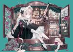  1girl :o anemone_(flower) animal_ears ankle_strap antlers aqua_background aqua_hair aqua_nails bib_collar birdcage black_bow black_bowtie black_dress black_ribbon black_shoes blonde_hair book bow bow_ring bowtie box braid brooch cage chair choppy_bangs colored_inner_hair corsage cuff_links cup curtains deer_antlers doll_house drawer dress floppy_ears flower foot_out_of_frame frilled_dress frills from_side gem gift gift_box green_gemstone hair_bow hair_flowing_over hair_ribbon hairband hanging_flower high_heels highres holding holding_cup horns in_box in_container jackalope_girl jewelry juliet_sleeves knees_to_chest knees_up ladder light_blush lolita_hairband long_hair long_sleeves looking_at_viewer mannequin medium_dress miniature multicolored_hair multiple_rings nanashi_inc. official_art pantyhose petals picture_frame pink_flower pink_ribbon pink_rose puffy_sleeves rabbit rabbit_ears ribbon ring rose shoes simple_background sitting sleeve_ribbon solo stained_glass table tassel teacup teapot test_tube tsukinoki_tirol twin_braids unworn_clothes very_long_hair virtual_youtuber white_pantyhose yoggi_(stretchmen) 