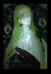  1other androgynous enkidu_(fgo_fes._2025)_(fate) fate/grand_order fate_(series) green_eyes green_hair hair_between_eyes he_niao_kou_zhi highres long_hair looking_at_viewer other_focus shirt smile solo upper_body white_shirt 