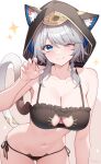  1girl ;) absurdres animal_ears black_panties blue_eyes blush bow cat_ears cat_lingerie cat_tail cipher_(honkai:_star_rail) closed_mouth commentary_request grey_hair hair_bow hand_up highres honkai:_star_rail honkai_(series) looking_at_viewer medium_hair mole mole_on_chest navel one_eye_closed origami_(poinia) panties side-tie_panties smile solo stomach tail underwear white_bow 
