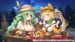  2girls :3 absurdres bare_shoulders blonde_hair blush braid breasts cezanne_(girls_creation) cleavage clenched_hands closed_eyes closed_mouth copyright_name copyright_notice corset cup detached_sleeves eating food food_on_face girls_creation green_hair handkerchief happy hat highres holding holding_handkerchief huge_breasts large_breasts long_hair low_twin_braids manet_(girls_creation) mountain multiple_girls nauribon night night_sky outdoors purple_eyes scarf side_ponytail sitting sky smile star_(sky) starry_sky table tree twin_braids very_long_hair w_arms wiping wiping_face yellow_hat 