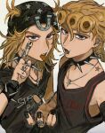  2boys absurdres alternate_costume alternate_piercings aoiro0401 birthmark black_choker black_hat black_nails black_tank_top blonde_hair bracelet braid candy choker collar commentary_request contemporary cross cross_necklace ear_piercing earrings eyebrow_piercing eyelashes eyelid_pull face_piercing finger_tattoo food giorno_giovanna hat highres horseshoe_hat_ornament horseshoe_ornament in-franchise_crossover jewelry joestar_birthmark johnny_joestar jojo_no_kimyou_na_bouken lollipop long_hair male_focus multiple_boys necklace open_mouth piercing ring spiked_bracelet spiked_choker spiked_collar spikes star_(symbol) star_print steel_ball_run tank_top tattoo teeth time_paradox tongue tongue_out tongue_piercing upper_teeth_only vento_aureo victory_rolls 