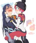  2girls amate_yuzuriha beanie blue_hair blush closed_eyes crying gloves green_eyes gundam gundam_gquuuuuux hat kneeling korean_text long_hair looking_at_another mecha_pilot_suit multiple_girls nyaan_(gundam_gquuuuuux) open_mouth red_hair sakanaokashi short_hair simple_background sitting sitting_on_lap sitting_on_person tears very_long_hair yuri 
