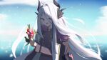  1girl absurdres ahoge armband black_coat black_gloves blue_archive breasts coat coat_on_shoulders demon_girl demon_horns food gloves highres hina_(blue_archive) horns ice_cream long_hair looking_at_viewer ocean outdoors purple_eyes red_armband saeri_nenechi small_breasts smile solo white_hair 
