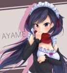  alternate_costume ayame_(gundam_build_divers) bangs black_hair blush breast_hold breasts character_name cleavage commentary_request detached_sleeves embarrassed english enmaided frills gundam gundam_build_divers highres low_ponytail maid maid_headdress medium_breasts minami_machi purple_eyes red_scarf scarf silhouette solo split_ponytail 