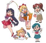  5girls aino_minako bishoujo_senshi_sailor_moon black_hair blonde_hair blue_bow blue_bowtie blue_hair blue_sailor_collar blue_skirt bow bowtie brown_hair circlet double_bun earrings elbow_gloves excited fire glasses gloves green_eyes hair_bobbles hair_bow hair_bun hair_ornament high_heels high_ponytail highres hino_rei holding_ofuda jewelry juuban_middle_school_uniform kino_makoto kino_makoto&#039;s_school_uniform leaning_forward long_hair long_skirt looking_at_viewer magical_girl miniskirt mizuno_ami multiple_girls ofuda open_mouth orange_sailor_collar orange_skirt ponytail purple_bow purple_bowtie purple_eyes red_bow red_bowtie red_sailor_collar red_shoes red_skirt sailor_collar sailor_mars sailor_senshi sailor_senshi_uniform sailor_venus school_uniform serafuku shirt shoes short_hair simple_background skirt sleeping tsubobot tsukino_usagi twintails white_background white_gloves white_shirt 