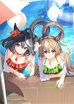  2girls animal_ears ass ball beachball bikini black_hair black_tail blush breasts brown_hair brown_tail cleavage closed_mouth commentary_request cup diamond_(shape) drinking_glass fingernails flower frilled_bikini_top green_bikini green_nails hair_flower hair_ornament highres holding holding_cup horse_ears horse_girl horse_tail jewelry kitasan_black_(umamusume) large_breasts long_hair looking_at_viewer multiple_girls nail_polish necklace poolside red_bikini red_flower red_nails satono_diamond_(umamusume) shirt short_hair smile striped_innertube sunny_(20597521) swimsuit tail two_side_up umamusume wet wet_clothes wet_shirt white_flower white_hair white_streaks 
