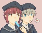  2girls black_hat black_sailor_collar black_shirt blue_eyes blush brown_eyes commentary_request food food_in_mouth grey_hair hat heart highres holding holding_food holding_popsicle kantai_collection kokuya_(kokuya28) looking_at_another looking_to_the_side military_hat multiple_girls open_mouth orange_eyes pink_background popsicle popsicle_in_mouth red_hair sailor_collar shirt short_hair simple_background spoken_heart upper_body z1_leberecht_maass_(kancolle) z3_max_schultz_(kancolle) 