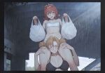  2ch.ru 2girls :d absurdres bag bikini black_bikini black_border blue_eyes border breasts breasts_apart carrying carrying_person closed_eyes collarbone commentary dvach-tan english_commentary everlasting_summer facing_viewer hair_between_eyes hands_up highres holding holding_bag leonzo looking_at_viewer low_twintails multiple_girls navel open_mouth orange_hair outdoors plastic_bag rain red_hair short_hair shoulder_carry small_breasts smile stomach strapless strapless_bikini swimsuit twintails ussr-tan white_bikini 