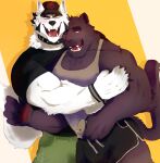 absurd_res anthro beverage biceps black_hair bottomwear bowser canid canine canis clothed clothing collar container cup domestic_dog duo emblem eyes_closed felid feline felis fur hair hat headgear headwear hi_res holding_object hug husky jewelry koopa langdon_marston male mammal mario_bros muscular muscular_anthro muscular_male nintendo nipples nordic_sled_dog open_mouth pantherine paws ramzes reptile scalie shirt shorts simple_background smile spitz tail tank_top teeth tongue topwear tost_gh white_body white_fur wristband