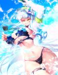  1girl armband artist_name bikini blue_hair blue_sky breasts clenched_teeth cloud girls&#039;_frontline girls&#039;_frontline_2:_exilium green_armband hashtag-only_commentary highres hk416_(girls&#039;_frontline) klukai_(girls&#039;_frontline_2) large_breasts long_hair navel official_alternate_costume one_eye_closed open_clothes open_shirt parted_lips shirt skindentation sky smile solo splashing stomach swimsuit tattoo teardrop_facial_mark teardrop_tattoo teeth thigh_strap visor_cap wangpo white_shirt 