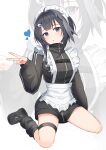  1girl absurdres ahoge apron arknights black_hair black_jacket black_leg_warmers black_shoes blush commentary frilled_apron frills full_body hair_intakes hair_ornament hairclip heart highres jacket jersey_maid k@bu la_pluma_(arknights) leg_warmers maid maid_apron maid_headdress oversized_clothes parted_lips purple_eyes shoes short_hair sitting sleeves_past_wrists solo thigh_strap turtleneck turtleneck_jacket unconventional_maid v wariza white_apron white_background zipper_pull_tab zoom_layer 