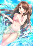  :d ass_visible_through_thighs bangs bikini blue_sky blush breasts brown_eyes brown_hair cleavage cloud commentary_request day dutch_angle eyebrows_visible_through_hair fisheye floral_print flower frilled_bikini frills groin hair_flower hair_ornament hand_on_own_chest highres idolmaster idolmaster_cinderella_girls keyspace lens_flare long_hair looking_at_viewer medium_breasts navel one_side_up open_mouth outdoors pink_bikini sarong see-through shimamura_uzuki sky smile solo sunlight swimsuit tareme wading water water_drop 