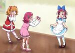  3girls :d aisaki_emiru bad_id blue_bow blue_bowtie blue_dress blush boots bow bowtie brown_shoes camera child clenched_hands clothes_lift commentary_request dot_nose dress dress_lift embarrassed frilled_dress frills full_body hair_bow hair_ornament hairclip hands_up holding holding_camera hugtto!_precure indoors large_bow legs_apart lifting_own_clothes long_sleeves looking_at_another low_twintails medium_dress medium_hair multiple_girls nono_hana nono_kotori orange_hair pantyhose pink_boots pink_dress pink_hair precure raised_eyebrows red_bow red_dress red_eyes shirt shirt_under_dress shoes short_sleeves short_twintails sleeveless sleeveless_dress smile standing standing_on_one_leg straight_hair sweatdrop taking_picture twintails wavy_hair white_pantyhose white_shirt x_hair_ornament yakizakana_(yakizakana10967) 