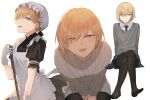  1boy alternate_costume apron blonde-haired_boy_(sunaba_(nczd5875)) blonde_hair blue_eyes braid cardigan crossdressing crossdressing_(mtf) crossed_legs enmaided fang feet full_body half-closed_eyes hands_on_lap leaning_forward looking_at_viewer maid maid_apron multiple_views necktie one_eye_closed open_mouth original pantyhose pleated_skirt short_hair skirt smile solo_focus sunaba_(nczd5875) sweater trap 