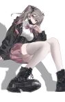  1girl absurdres black_boots black_jacket boots bow bowtie buri_(retty9349) collared_shirt floating_hair grey_hair highres invisible_chair jacket long_hair long_sleeves mask mouth_mask open_clothes open_jacket original parted_lips pink_eyes pink_nails pink_skirt purple_bow purple_bowtie shadow shirt simple_background sitting skirt solo thighhighs twintails white_background white_shirt white_thighhighs 