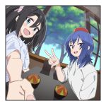  2girls amamiya_satsuki_(mono) beret black_hair blue_eyes blue_hair blush_stickers crossover hat highres katsudon_(food) medium_hair mono_(afro) multiple_girls noyama_takenoko one_side_up season_connection selfie suzugamori_chika trait_connection v window zatsu_tabi 