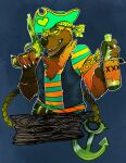 anthro black_nose blue_background blue_clothing blue_hat blue_headwear bottle brown_body brown_fur chumbasket clothed clothing container front_view fur gun hat headgear headwear hi_res holding_bottle holding_container holding_gun holding_object holding_ranged_weapon holding_weapon hybrid hyena looking_at_viewer male male_anthro mammal mustelid open_clothing open_topwear otter pattern_clothing pattern_topwear ranged_weapon simple_background smile solo striped_clothing striped_topwear stripes topwear weapon yellow_eyes