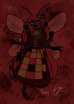  4_arms absurd_res antennae_(anatomy) anthro arthropod bee bow_ribbon clothing clown clown_costume clown_nose creepy creepy_face cumcadaver dress eyeliner fangs female food hair hi_res hymenopteran insect kusatta_(cumcadaver) larva maggot makeup mascara meat multi_arm multi_limb red_hair scar solo teeth vulture_bee wings 