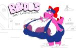  anthro areola bedroom_eyes big_breasts birdo black_eyes bottomwear bow_ribbon breasts clothing dinosaur english_text female hat headgear headwear huge_breasts huge_hips huge_thighs hyper hyper_breasts looking_at_viewer mario_bros mattthetooncat multicolored_body narrowed_eyes nintendo nipple_outline overalls pants prehistoric_species purple_areola reptile ring_(jewelry) scalie seductive solo text thick_thighs two_tone_body wide_hips 