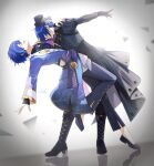  25-ji_kaito 2boys absurdres black_boots black_gloves black_hat black_overskirt black_pants black_shirt black_shoes blue_hair blue_nails boots closed_eyes coat commentary dancing dip_(dance_move) dual_persona earrings english_commentary flats gloves hair_over_eyes hat highres jewelry juliet_sleeves kaito_(vocaloid) knee_boots long_sleeves maima_(rrs_0222) male_focus mini_hat mini_top_hat multiple_boys open_mouth pants project_sekai puffy_sleeves shirt shoes short_hair smile top_hat vocaloid waltz_(dance) wonderlands_x_showtime_kaito 