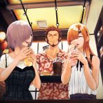  2girls 5saiji bare_shoulders beard black-framed_eyewear blurry blurry_foreground breasts brown_hair casual closed_eyes collarbone commentary_request cup depth_of_field disposable_cup dress drinking_straw eyepatch facial_hair fate/grand_order fate_(series) floral_print food glasses grey_dress hawaiian_shirt highres holding holding_tray indoors long_hair mash_kyrielight medium_breasts multiple_girls napoleon_bonaparte_(fate/grand_order) open_mouth ophelia_phamrsolone orange_hair parted_lips plaid plaid_dress print_shirt purple_hair red_shirt sandwich shirt short_hair short_sleeves sleeveless sleeveless_dress sleeveless_shirt smile spiked_hair standing sweat tray white_shirt 