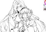 2girls bow closed_eyes closed_mouth coat freckles greyscale hair_bow hairband hands_up hug ishmael_(project_moon) jingshenhuanghu lapels limbus_company long_hair long_sleeves mole mole_under_eye monochrome multiple_girls notched_lapels parted_bangs project_moon ribbed_sweater rodion_(project_moon) rope sidelocks simple_background sweater turtleneck turtleneck_sweater very_long_hair yuri 