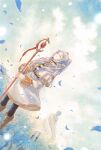  1boy 1girl 9484gu black_pantyhose boots brown_boots capelet chinese_commentary closed_eyes closed_mouth commentary_request dutch_angle earrings elf feet_out_of_frame field frieren grey_hair highres himmel_(sousou_no_frieren) holding holding_staff jewelry knee_boots long_hair long_sleeves mage_staff outdoors pantyhose parted_bangs pointy_ears shirt skirt smile solo_focus sousou_no_frieren staff standing striped_clothes striped_shirt teardrop_earrings traditional_media white_capelet white_skirt 