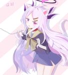  1girl absurdres ahoge animal_ears blue_archive blue_skirt breasts demon_girl demon_horns goldia highres hina_(blue_archive) horns long_hair looking_at_viewer open_mouth purple_eyes school_uniform serafuku skirt small_breasts solo standing tail white_hair 