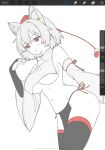  1girl :3 animal_ears bare_shoulders black_gloves black_thighhighs breast_curtain breasts closed_mouth commentary_request commission cowboy_shot detached_sleeves dog_ears fingerless_gloves gloves hand_up hat highres inubashiri_momiji large_breasts limited_palette loincloth looking_at_viewer navel pochigo red_eyes short_hair side-tie_loincloth solo stomach thighhighs tokin_hat touhou underboob wide_sleeves 