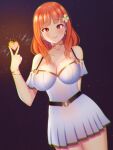  1girl bambi_(cozybambii) breasts celica_(fire_emblem) cleavage dress earrings fire_emblem fire_emblem_echoes:_shadows_of_valentia flower hair_flower hair_ornament heart highres jewelry large_breasts long_hair magic necklace orange_eyes orange_hair red_eyes red_hair solo v white_dress 