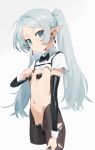  1girl black_bow black_bowtie black_pantyhose bow bowtie breasts closed_mouth commentary cropped_legs crotchless crotchless_pantyhose earrings elf frieren green_eyes grey_hair heart_maebari heart_pasties highres jewelry long_hair long_pointy_ears looking_at_viewer maebari navel olys pantyhose parted_bangs pasties petite pointy_ears short_eyebrows shrug_(clothing) simple_background small_breasts smile solo sousou_no_frieren symbol-only_commentary teardrop_earrings thick_eyebrows torn_clothes torn_pantyhose twintails very_long_hair white_background white_wrist_cuffs wrist_cuffs 