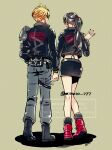  1boy 1girl armor bare_legs belt black_hair black_jacket black_skirt black_socks blonde_hair blue_pants blush boots closed_mouth cloud_strife cloud_strife_(rider_style) commentary_request couple denim earrings final_fantasy final_fantasy_vii final_fantasy_vii_ever_crisis from_behind full_body holding_hands interlocked_fingers jacket jeans jewelry leather leather_jacket long_hair long_sleeves looking_at_another matching_outfits minato_(ct_777) miniskirt nail_polish official_alternate_costume pants pencil_skirt ponytail red_boots red_nails ribbed_socks shoulder_armor simple_background single_earring skirt socks spiked_hair suspender_skirt suspenders thigh_strap tifa_lockhart torn_clothes torn_pants twitter_username 