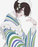  1boy apron black_hair blue_kimono boys_be_maid! crossdressing dress_shirt fingernails flower frilled_apron frills from_side green_kimono hair_flower hair_ornament hair_over_one_eye hand_up highres himeutsugi_rei japanese_clothes kimono lips long_sleeves looking_at_viewer maid maid_apron maid_headdress male_focus male_maid multicolored_kimono one_eye_covered open_mouth pointing pointing_at_self profile purple_eyes purple_kimono renli_lo shirt short_hair sideways_glance simple_background solo striped_clothes striped_kimono upper_body vertical-striped_clothes vertical-striped_kimono wa_maid white_apron white_background white_flower white_kimono white_shirt wide_sleeves 