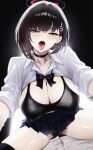  1boy 1girl alternate_costume alternate_hair_length alternate_hairstyle black_background black_bow black_bra black_choker black_hair black_panties black_thighhighs blue_archive blue_skirt bow bra bra_visible_through_clothes breasts choker cleavage clothes_lift ei_(eiei_e1) halo highres large_breasts open_mouth panties red_eyes red_halo rio_(blue_archive) saliva shirt shirt_lift short_hair simple_background sitting sitting_on_person skirt teeth thighhighs tongue tongue_out underwear upper_teeth_only white_shirt 