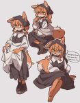 alternate_version_at_source anthro apron apron_lift barefoot blue_eyes blush bonnet canid canine clothed clothing clothing_lift dialogue dress english_text feet female flirting flirting_with_viewer footwear fox fur grey_background hair headgear headwear heart_symbol hi_res kemono mammal ponytail red_body red_fur red_hair shoes simple_background sitting solo speech_bubble standing text yagi_the_goat