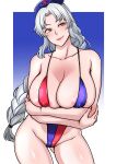  1girl areola_slip arms_under_breasts ass_visible_through_thighs blue_hat blue_slingshot_swimsuit braid breasts cleavage closed_mouth collarbone commentary_request cowboy_shot cross eyelashes fingernails forehead grey_hair hat head_tilt highres large_breasts lips long_hair looking_at_viewer nose parted_bangs red_cross red_slingshot_swimsuit shiny_skin shiraue_yuu single_braid slingshot_swimsuit smile solo standing swimsuit touhou two-tone_swimsuit uneven_eyes very_long_hair yagokoro_eirin yellow_eyes 