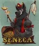 2013 anthro black_nose canid canine chumbasket clothed clothing coin dated ear_piercing ear_ring fish_meat food front_view fur grey_body grey_fur grin hat headgear headwear hi_res holding_melee_weapon holding_object holding_polearm holding_spear holding_weapon looking_at_viewer male male_anthro mammal meat melee_weapon open_clothing open_topwear piercing polearm red_clothing red_eyes red_hat red_headwear red_topwear ring_piercing simple_background smile solo spear topwear treasure_chest weapon