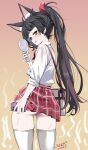 1girl animal_ear_fluff animal_ears ass azur_lane bag black_hair blush brown_eyes cellphone clothes_lift electric_fan fox_ears fox_girl from_behind highres hot lifting_own_clothes long_hair looking_back nagato_(azur_lane) no_tail open_mouth panties phone pink_panties plaid_clothes plaid_skirt ponytail red_skirt ribbon school_uniform see-through_clothes see-through_shirt shirt skirt skirt_lift smartphone solo standing sweat thighhighs thighs umyonge_(lkakeu) underwear very_long_hair wet wet_clothes wet_shirt white_shirt white_thighhighs 