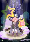  1boy ^_^ absurdres anniversary arms_up artist_name ascot belt black_belt black_cape boots cape closed_eyes commentary crown dust frilled_ascot frilled_jacket frills gears hat highres jacket knee_boots lapels male_focus mittens motimoti_mgmg ocean_prince open_clothes open_jacket open_mouth pants pink_hair purple_boots purple_jacket puyopuyo puyopuyo_quest reflective_floor salde_canarl_shellbrick_iii salde_canarl_shellbrick_iii_(steam_city) shirt short_hair smile solo spotlight standing star_(symbol) striped_clothes striped_headwear striped_shirt top_hat twitter_username vertical-striped_clothes vertical-striped_headwear vertical-striped_shirt white_ascot white_pants yellow_mittens 