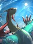  absurdres animal_focus antennae blue_sky bo_(bouillustration) colored_sclera highres milotic no_humans outdoors partially_submerged pokemon pokemon_(creature) pokemon_focus red_eyes red_sclera scales sky sun water 