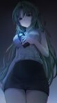  1girl absurdres bare_arms black_skirt breasts cowboy_shot from_below green_eyes green_hair hand_up hashtag-only_commentary highres higurashi_no_naku_koro_ni holding holding_taser large_breasts long_hair looking_at_viewer nyako_(x_nyako_x) parted_lips pencil_skirt ribbed_sweater skirt sleeveless sleeveless_sweater solo sonozaki_shion standing sweater taser turtleneck turtleneck_sweater white_sweater 