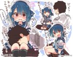  1boy 1girl :o @_@ admiral_(kantai_collection) black_hair black_legwear blue_hair blue_sailor_collar blue_skirt blush brown_eyes commentary_request eyebrows_visible_through_hair fukae_(kantai_collection) gloves hair_between_eyes hat heart highres kantai_collection kneehighs open_mouth pleated_skirt sailor_collar sailor_hat school_uniform serafuku short_hair short_sleeves skirt suzuki_toto translated twitter_username v-shaped_eyebrows white_gloves white_hat 