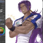  1boy art_program_in_frame bhima_(fate) dark-skinned_male dark_skin fate/grand_order fate_(series) flexing hair_tubes long_hair looking_at_viewer male_focus muscular muscular_male potato_goril purple_eyes purple_hair shirt simple_background single_hair_tube smile solo t-shirt upper_body white_background wristband 