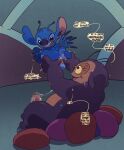 4_eyes after_anal after_sex alien anal anal_fingering anus argon_vile balls belly blue_body blue_fur bodily_fluids butt butt_grab cum cum_in_ass cum_inside dialogue disney duo english_text erection experiment_(lilo_and_stitch) fingering foreskin fur genital_fluids genitals hand_on_butt hi_res jumba_jookiba kweltikwan lilo_and_stitch male male/male multi_eye overweight penis pillow purple_body sitting size_difference speech_bubble spread_anus spread_butt spreading stitch_(lilo_and_stitch) sweat text yellow_sclera
