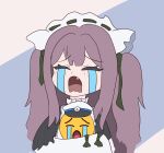  1girl azur_lane crying_emoji cunny_(meme) emoji green_ribbon highres maid meme purple_hair ribbon rk_mittlemer simple_background sleeves_past_fingers sleeves_past_wrists t_t uohhhhhhhhh!_(meme) vittorio_cuniberti_(azur_lane) 